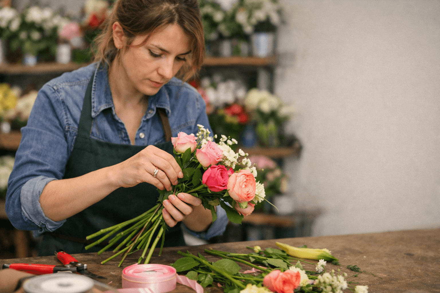 Fleuriste arrangeant un bouquet dans sa boutique